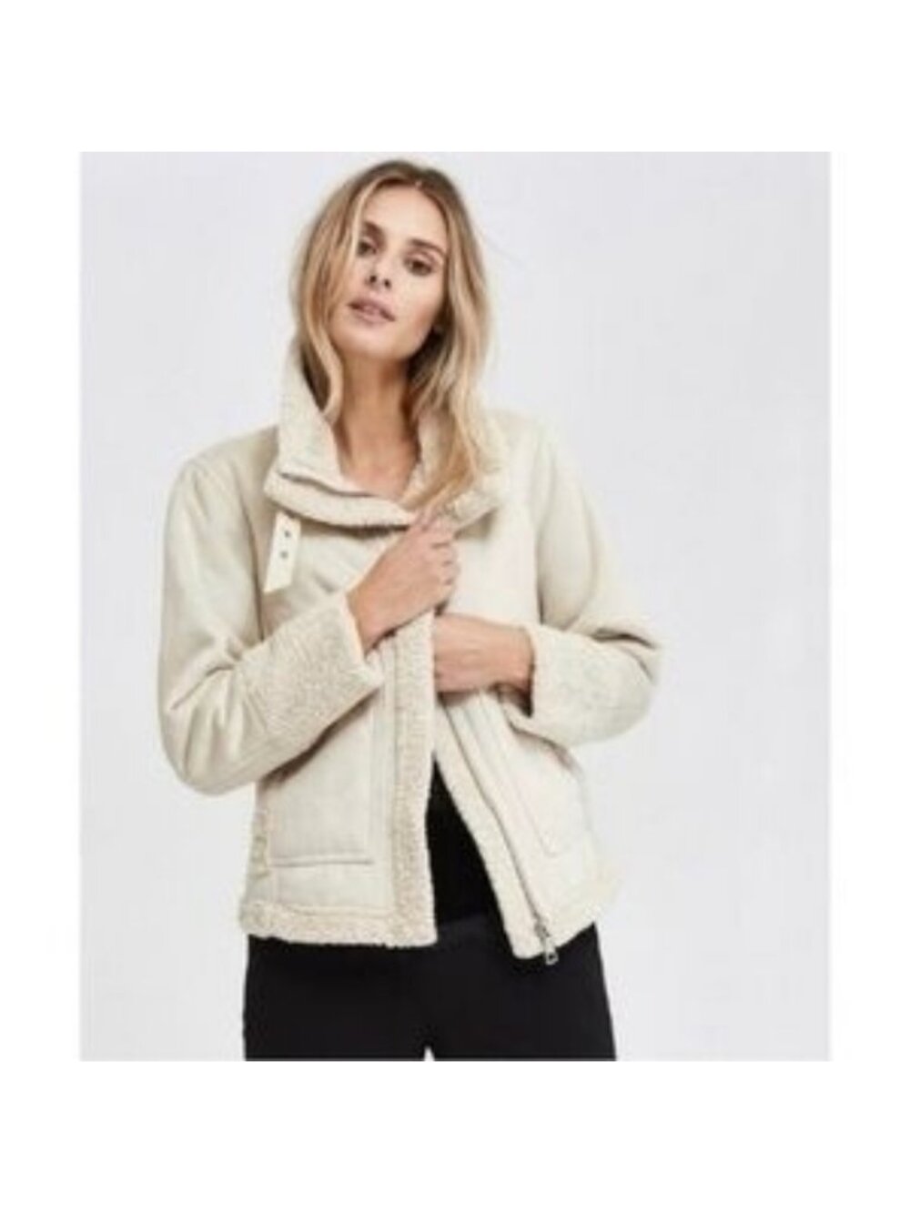 Ann Taylor Faux Shearling Wool Suede Moto Winter Jacket Beige Womens Size 6 P